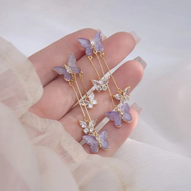Glass Butterfly Tassel Drop Earrings - Brooksandezra