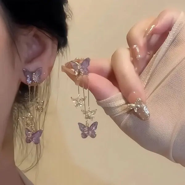 Glass Butterfly Tassel Drop Earrings - Brooksandezra