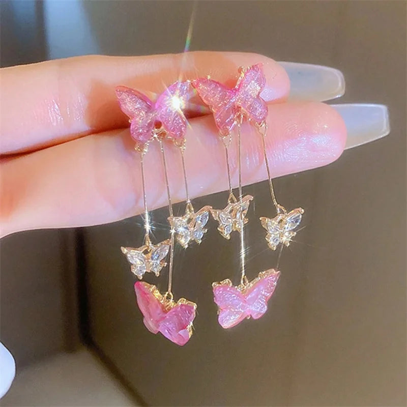 Glass Butterfly Tassel Drop Earrings - Brooksandezra